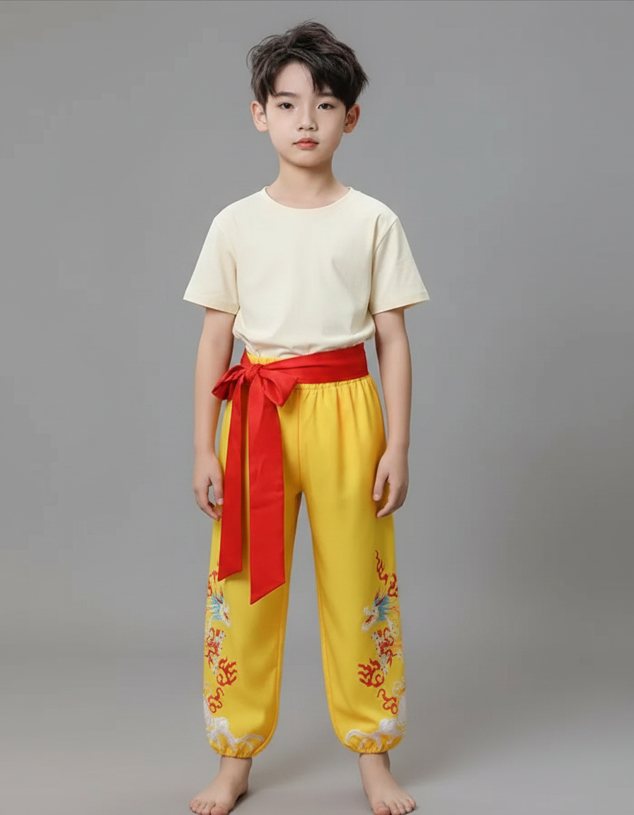 Pantalon Chinois Jaune Brodé Dragon Ample Enfant - Satin