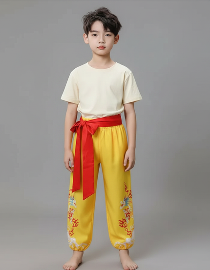 Pantalon Chinois Jaune Brodé Dragon Ample Enfant - Satin