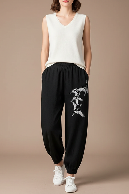 Pantalon Chinois Noir Ample Grue Fluide Femme - Lin