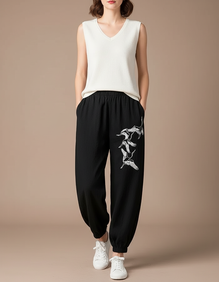 Pantalon Chinois Noir Ample Grue Fluide Femme - Lin