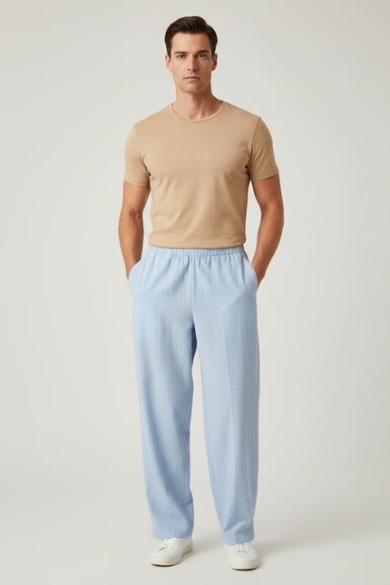 Pantalon Chinois Bleu Ciel Ample Lin Léger Décontracté