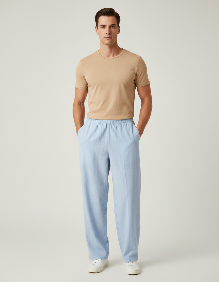 Pantalon Chinois Bleu Ciel Ample Lin Léger Décontracté