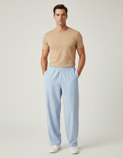 Pantalon Chinois Bleu Ciel Ample Lin Léger Décontracté