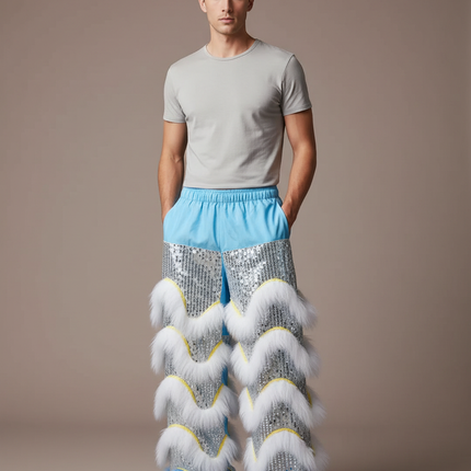 Pantalon Chinois Lion Danse Scintillant Argenté Fourrure Homme - Polyester