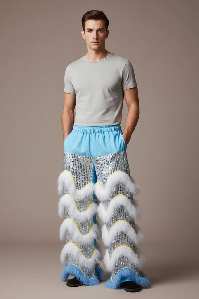 Pantalon Chinois Lion Danse Scintillant Argenté Fourrure Homme - Polyester