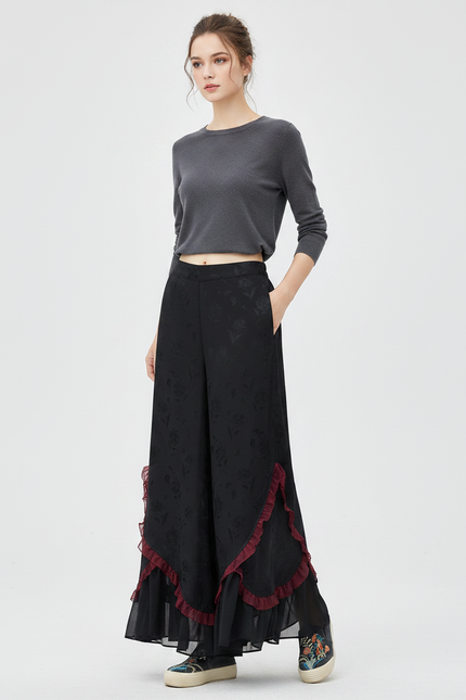 Pantalon Chinois Noir Jacquard Ample Volants Rouges - Satin