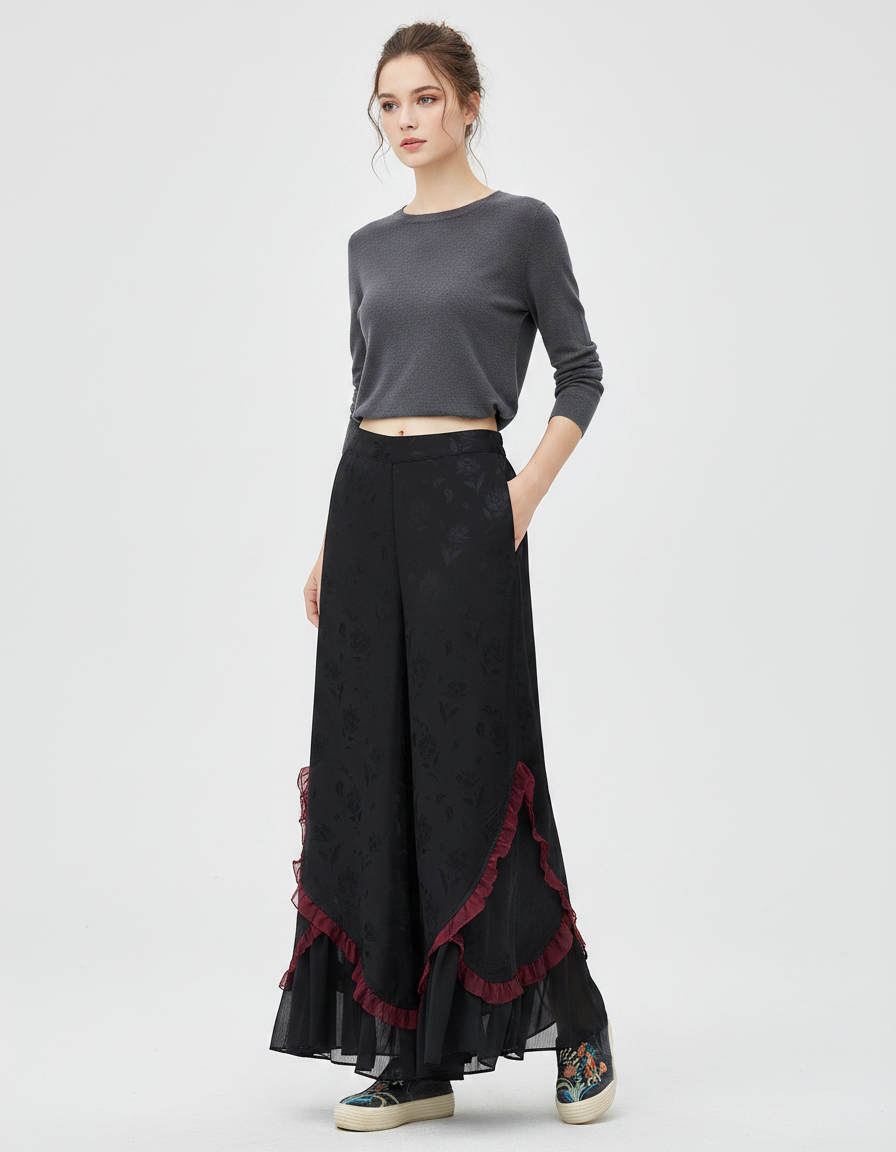 Pantalon Chinois Noir Jacquard Ample Volants Rouges - Satin