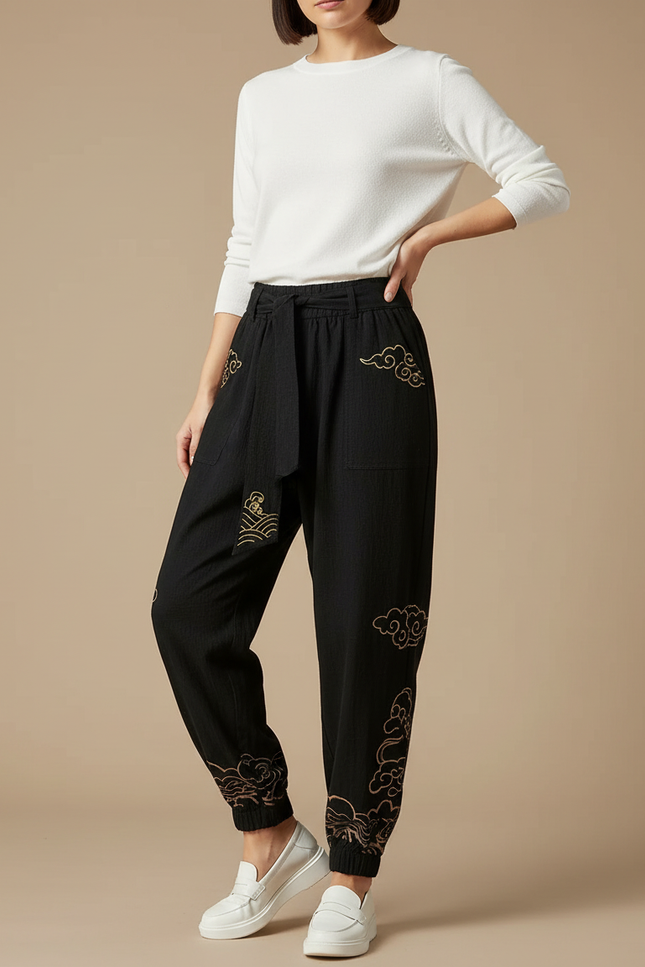 Pantalon Chinois Noir Brodé Harem Fluide Femme - Lin