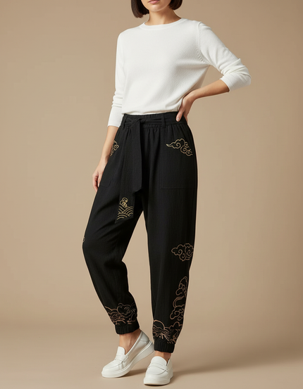 Pantalon Chinois Noir Brodé Harem Fluide Femme - Lin