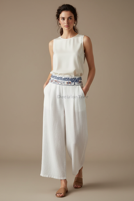 Pantalon Chinois Blanc Ample Brodé Lin Fluide