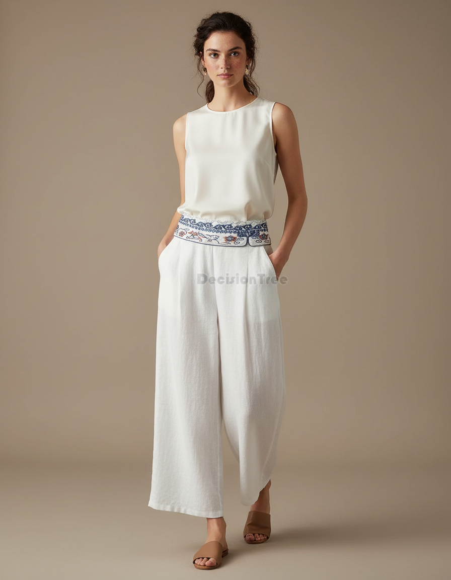 Pantalon Chinois Blanc Ample Brodé Lin Fluide