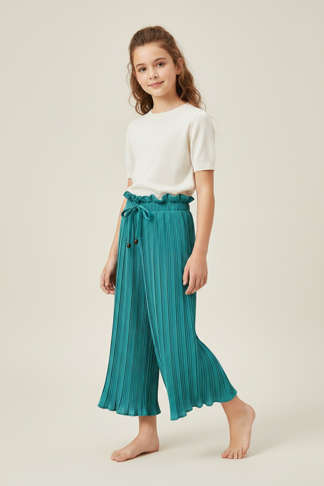 Pantalon Chinois Plissé Fluide Vert Ample Enfant - Polyester