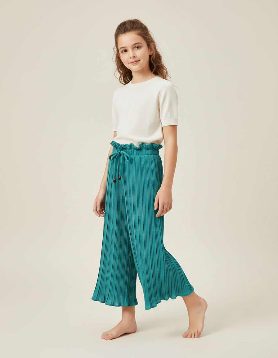 Pantalon Chinois Plissé Fluide Vert Ample Enfant - Polyester