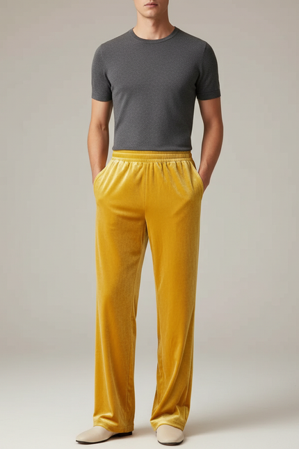 Pantalon Chinois Velours Jaune Ample Décontracté Fluide
