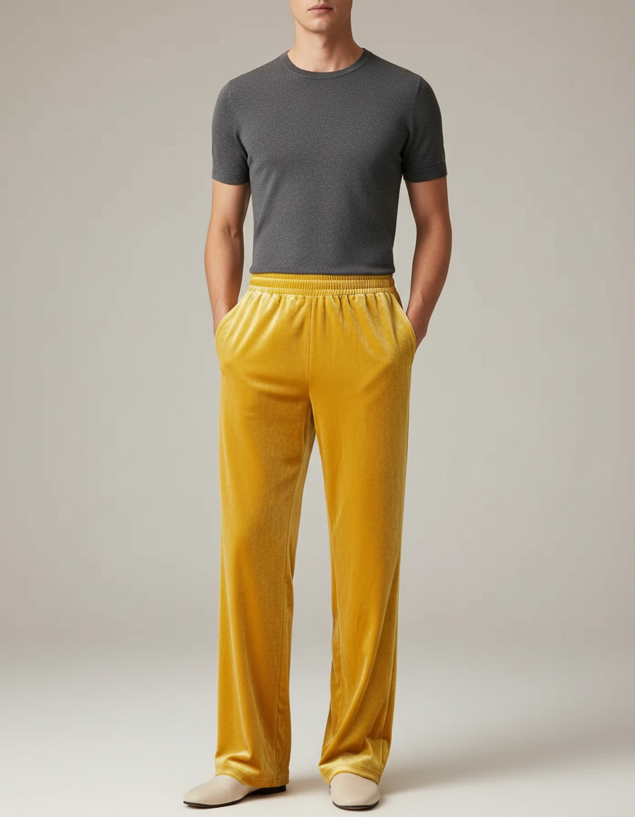 Pantalon Chinois Velours Jaune Ample Décontracté Fluide