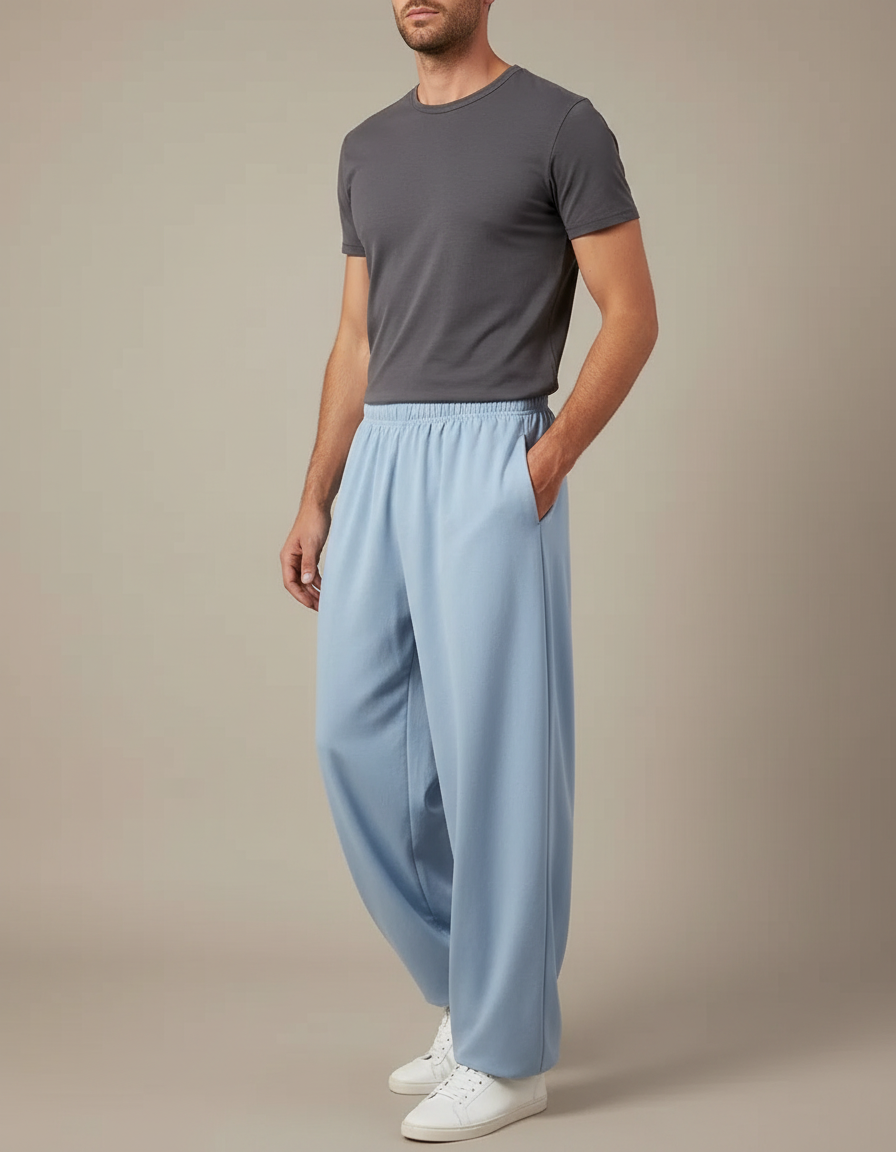 Pantalon Chinois Bleu Ciel Ample Fluide Décontracté Coton