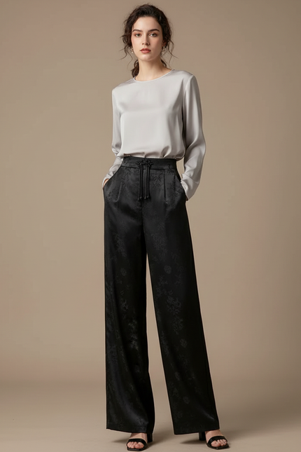 Pantalon Chinois Noir Jacquard Ample Satin Élégant