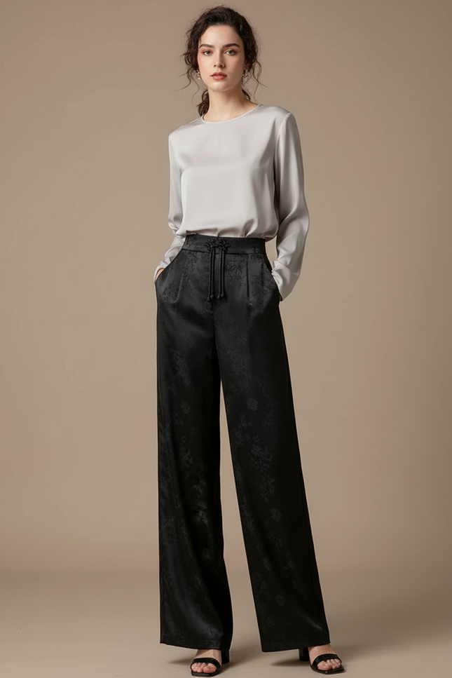 Pantalon Chinois Noir Jacquard Ample Satin Élégant