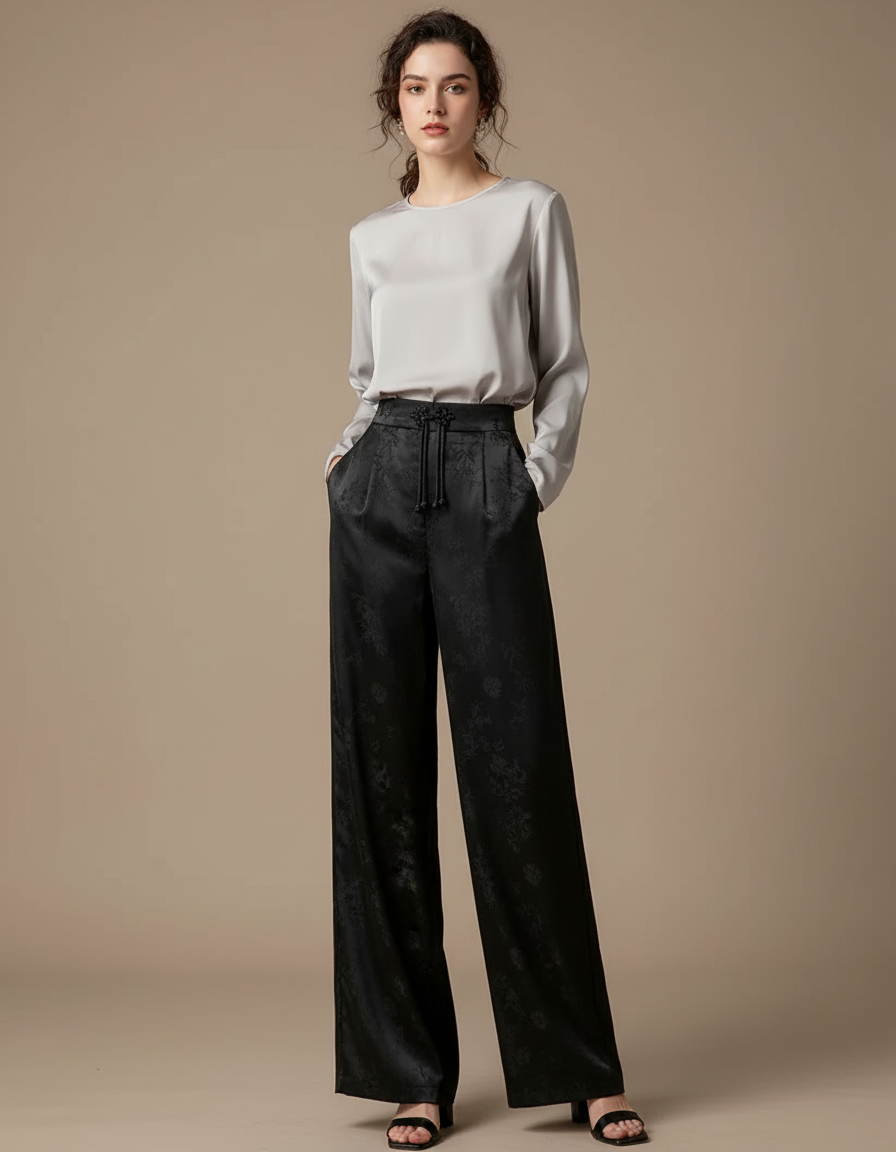 Pantalon Chinois Noir Jacquard Ample Satin Élégant