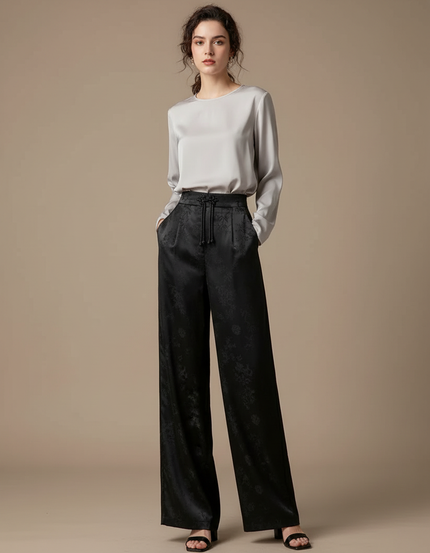 Pantalon Chinois Noir Jacquard Ample Satin Élégant