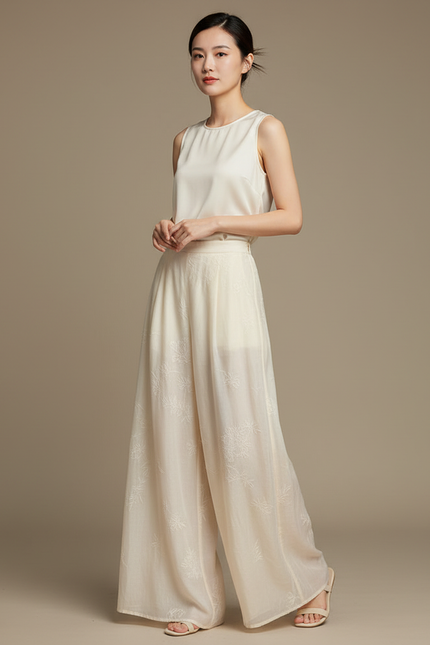 Pantalon Chinois Crème Fluide Brodé Large Élégant - Beige Soie