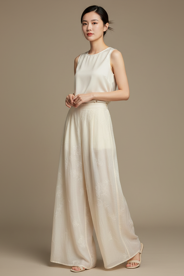 Pantalon Chinois Crème Fluide Brodé Large Élégant - Beige Soie