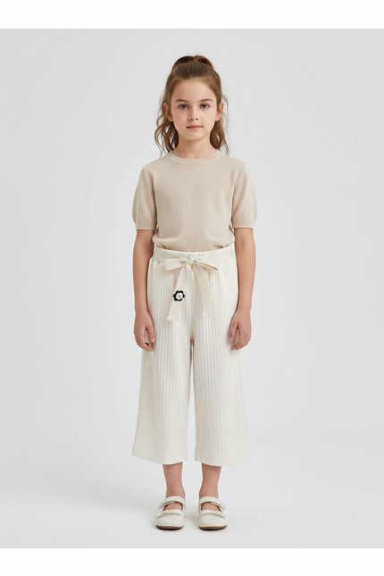 Pantalon Chinois Crème Côtelé Ample Décontracté Fille - Beige Cordé