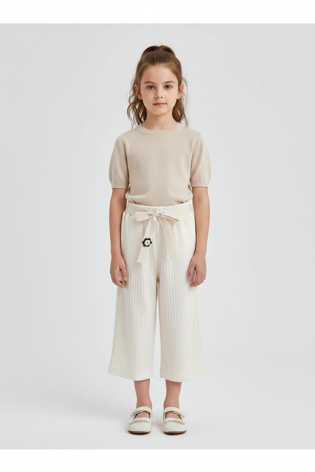 Pantalon Chinois Crème Côtelé Ample Décontracté Fille - Beige Cordé
