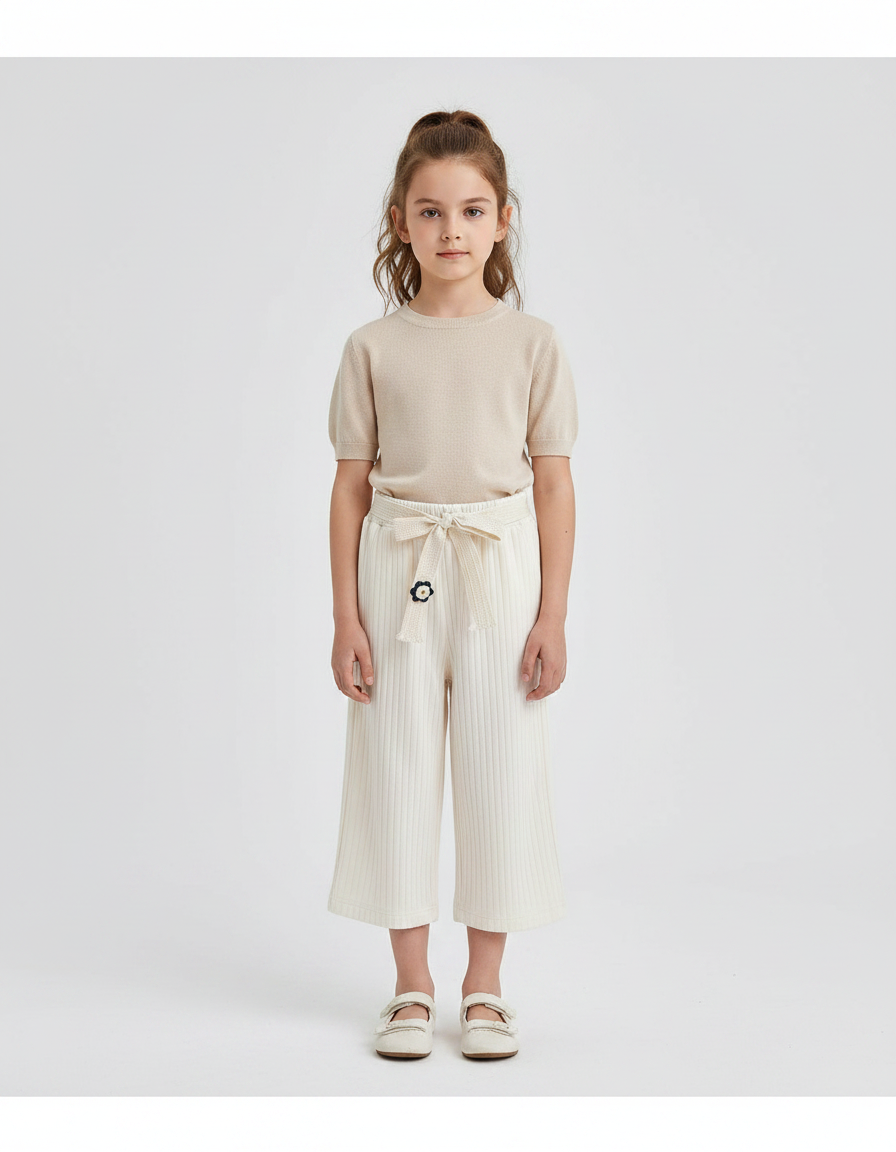 Pantalon Chinois Crème Côtelé Ample Décontracté Fille - Beige Cordé