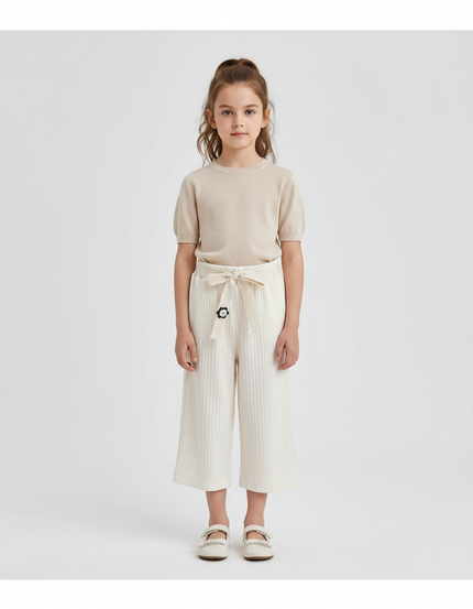 Pantalon Chinois Crème Côtelé Ample Décontracté Fille - Beige Cordé