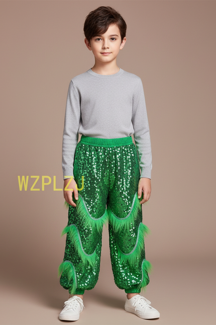 Pantalon Chinois Vert Pailleté Franges Scène Enfant - Polyester
