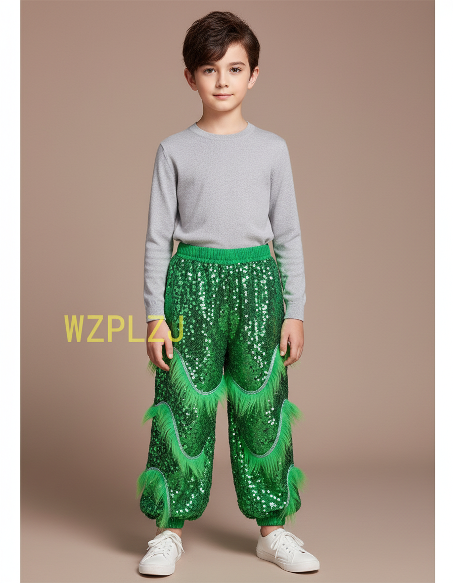 Pantalon Chinois Vert Pailleté Franges Scène Enfant - Polyester