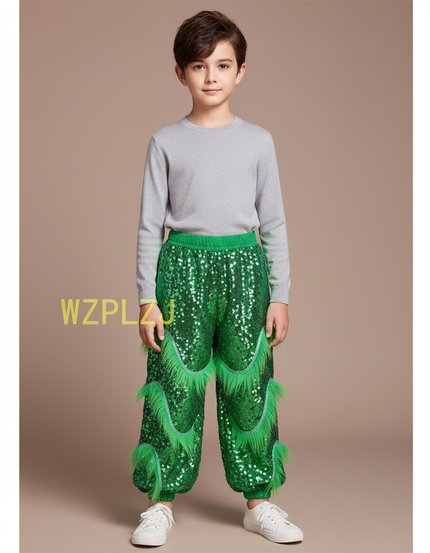 Pantalon Chinois Vert Pailleté Franges Scène Enfant - Polyester