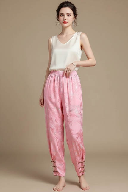 Pantalon Chinois Rose Satiné Brodé Ample Élégant