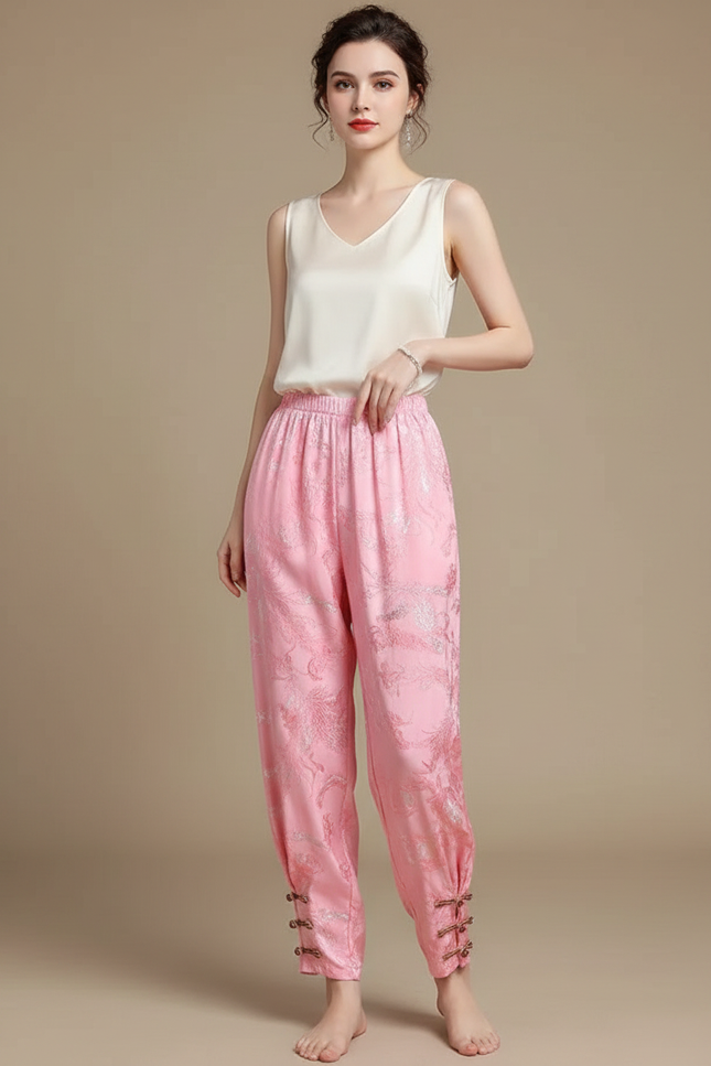 Pantalon Chinois Rose Satiné Brodé Ample Élégant
