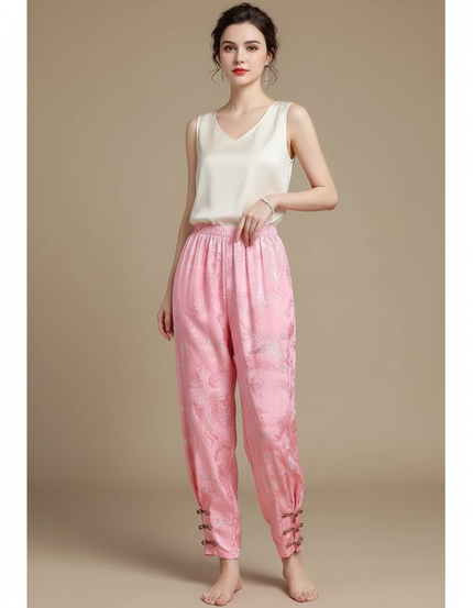 Pantalon Chinois Rose Satiné Brodé Ample Élégant