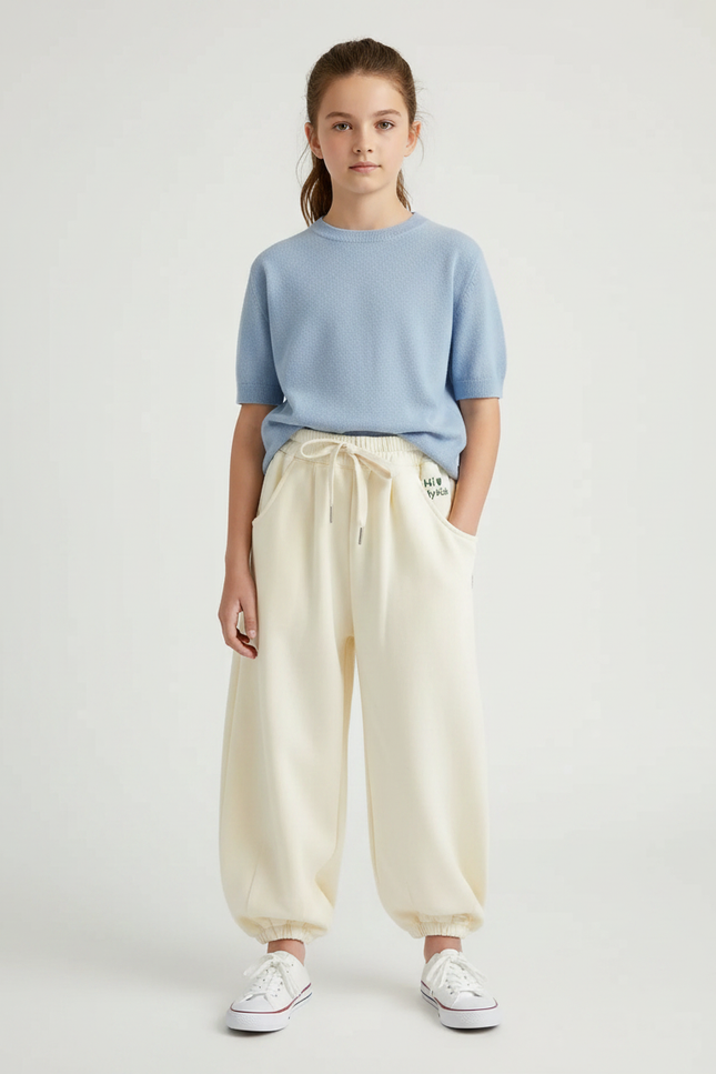Pantalon Chinois Crème Ample Coton Enfant Décontracté - Beige Molleton