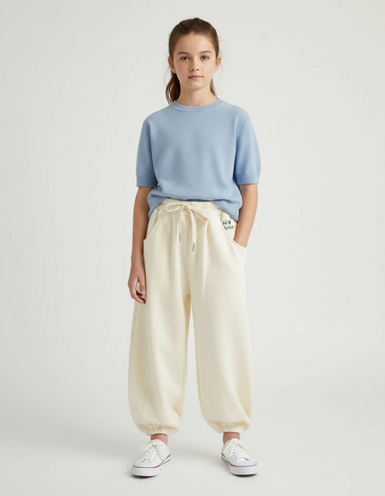 Pantalon Chinois Crème Ample Coton Enfant Décontracté - Beige Molleton