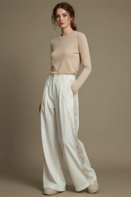Pantalon Chinois Blanc Ample Dentelle Élégant Fluide - Lin