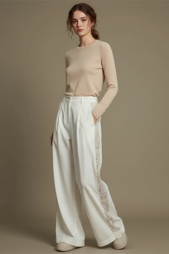 Pantalon Chinois Blanc Ample Dentelle Élégant Fluide - Lin