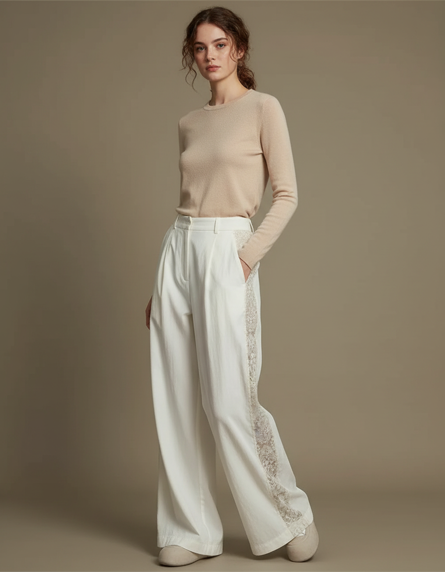 Pantalon Chinois Blanc Ample Dentelle Élégant Fluide - Lin