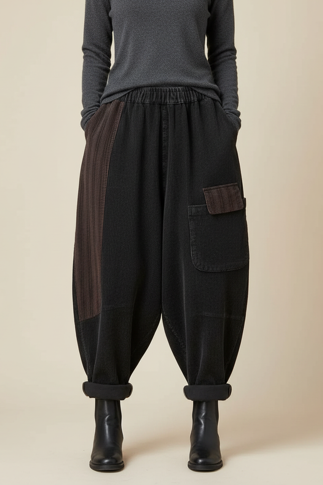 Pantalon Chinois Côtelé Patchwork Ample Harem Noir Marron - Cordé