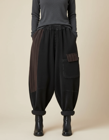 Pantalon Chinois Côtelé Patchwork Ample Harem Noir Marron - Cordé