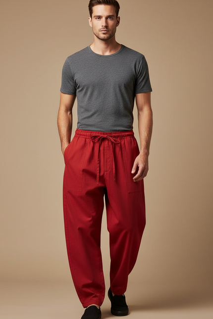 Pantalon Chinois Rouge Coton Ample Décontracté Homme
