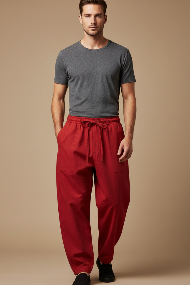 Pantalon Chinois Rouge Coton Ample Décontracté Homme