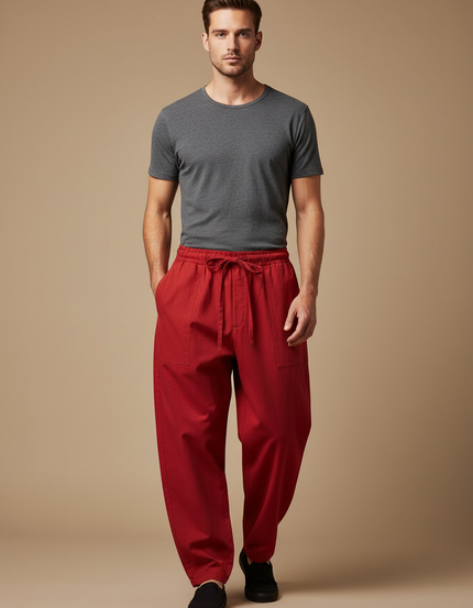 Pantalon Chinois Rouge Coton Ample Décontracté Homme