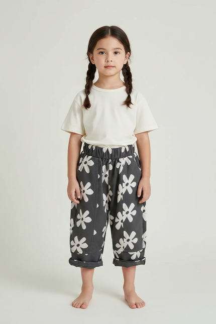 Pantalon Chinois Gris Floral Coton Harem Enfant