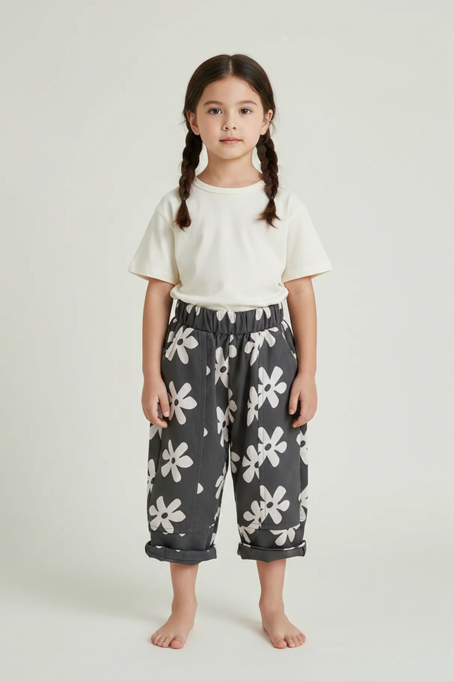 Pantalon Chinois Gris Floral Coton Harem Enfant
