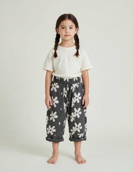 Pantalon Chinois Gris Floral Coton Harem Enfant