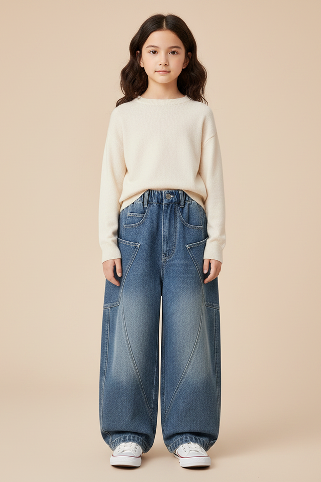 Pantalon Chinois Jean Ample Évasé Enfant - Bleu